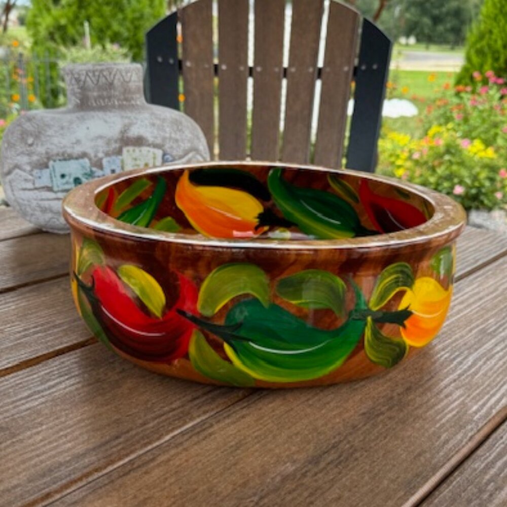 Handcrafted Wood Bowl with Hand Painted Red Yellow and Green Peppers - Picture 3 of 9